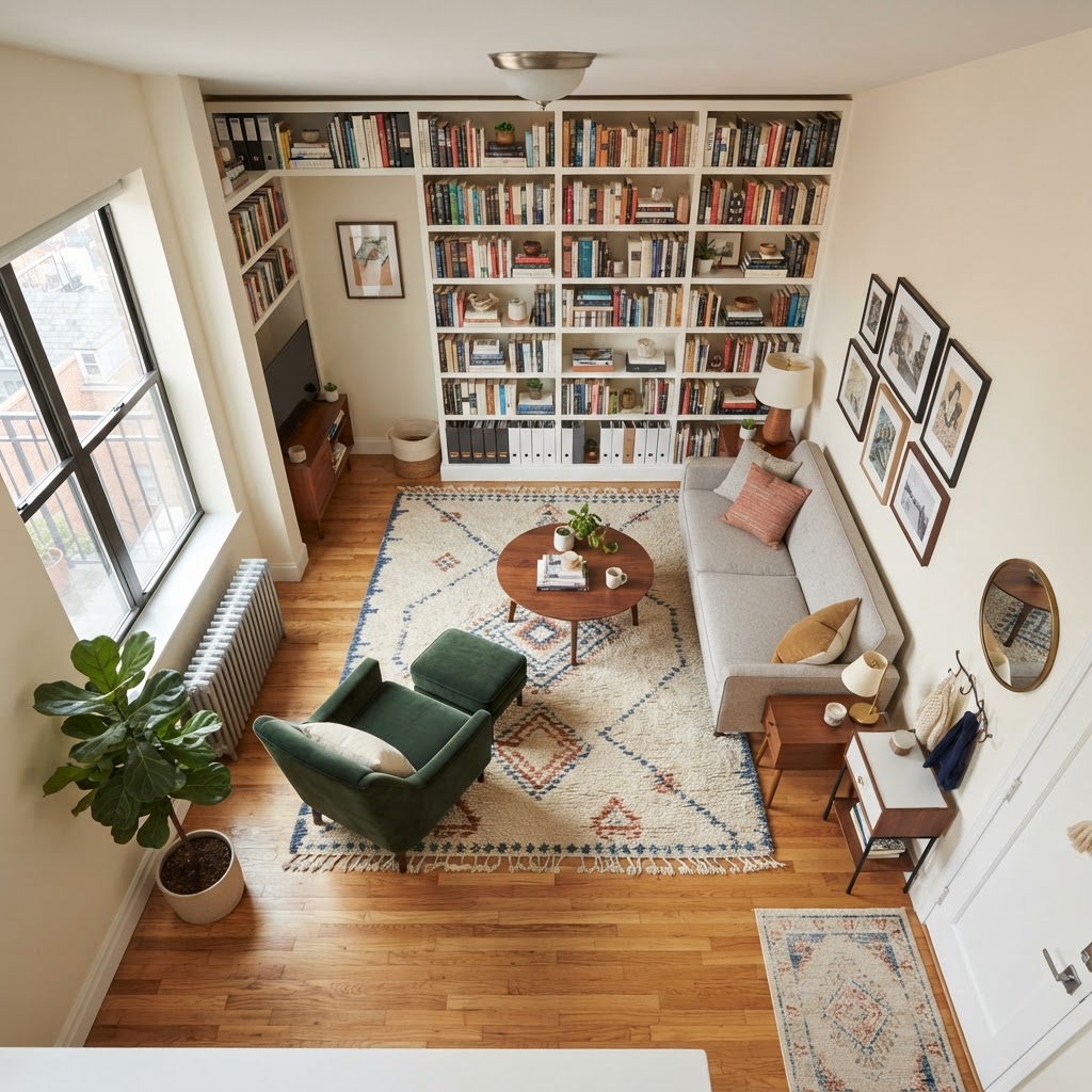 Vertical shelving maximizes floor space while adding style.