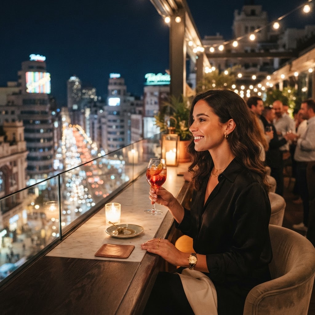 Where to Find the Best Views in Madrid: A Local Guide 5 Enjoying a drink with a view above the busy Gran Vía.