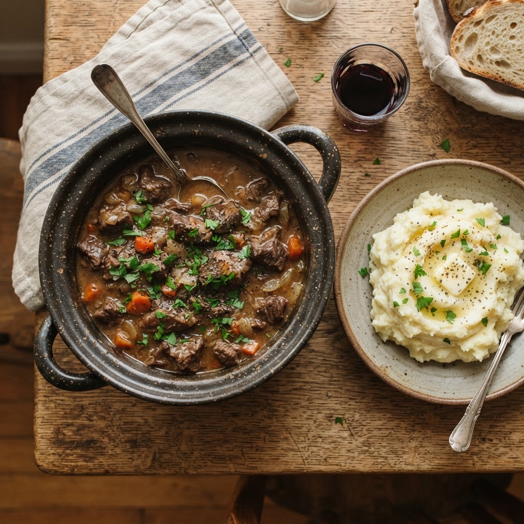 Tender beef tips and gravy served with creamy mashed potatoes.