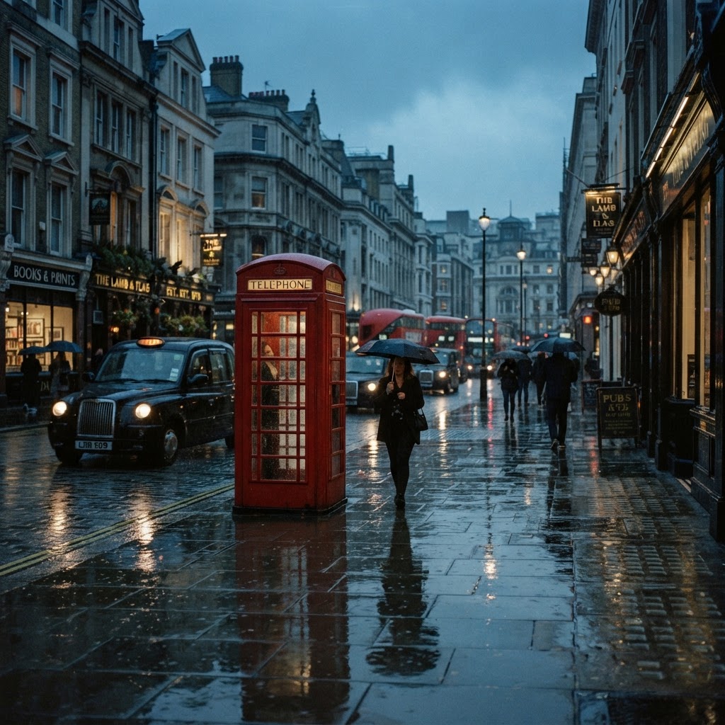 The iconic colors of London pop against the moody, rain-washed streets.