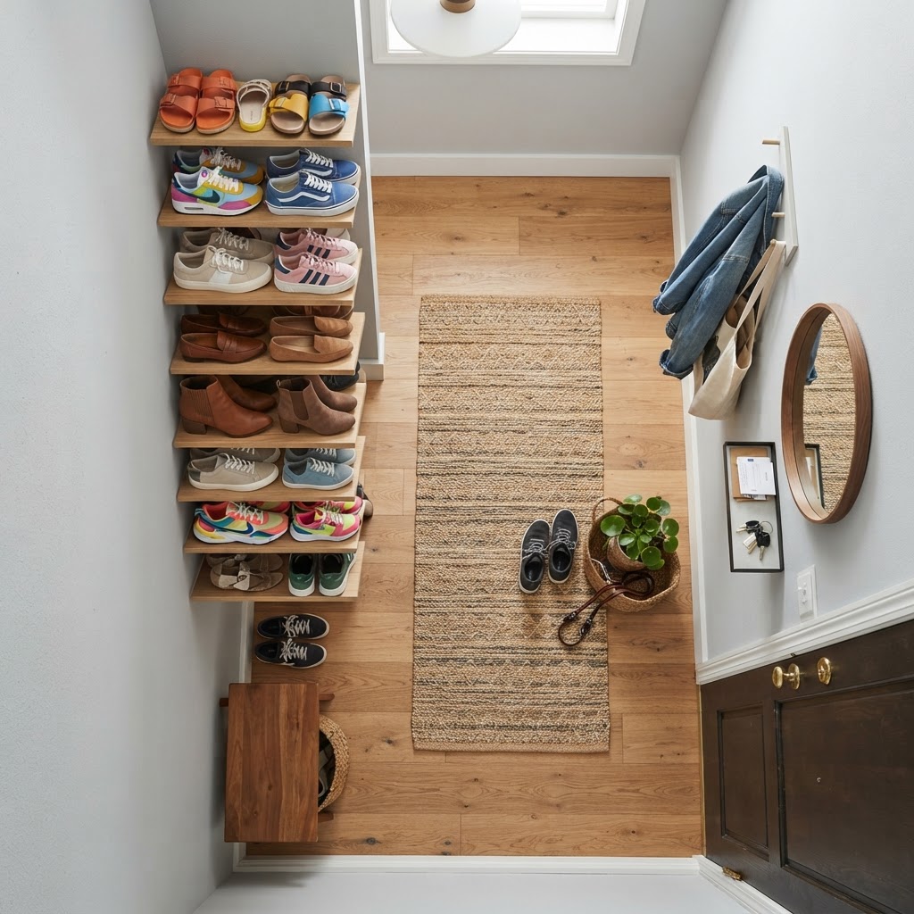 Vertical floating shelves turn shoe storage into a wall art feature.