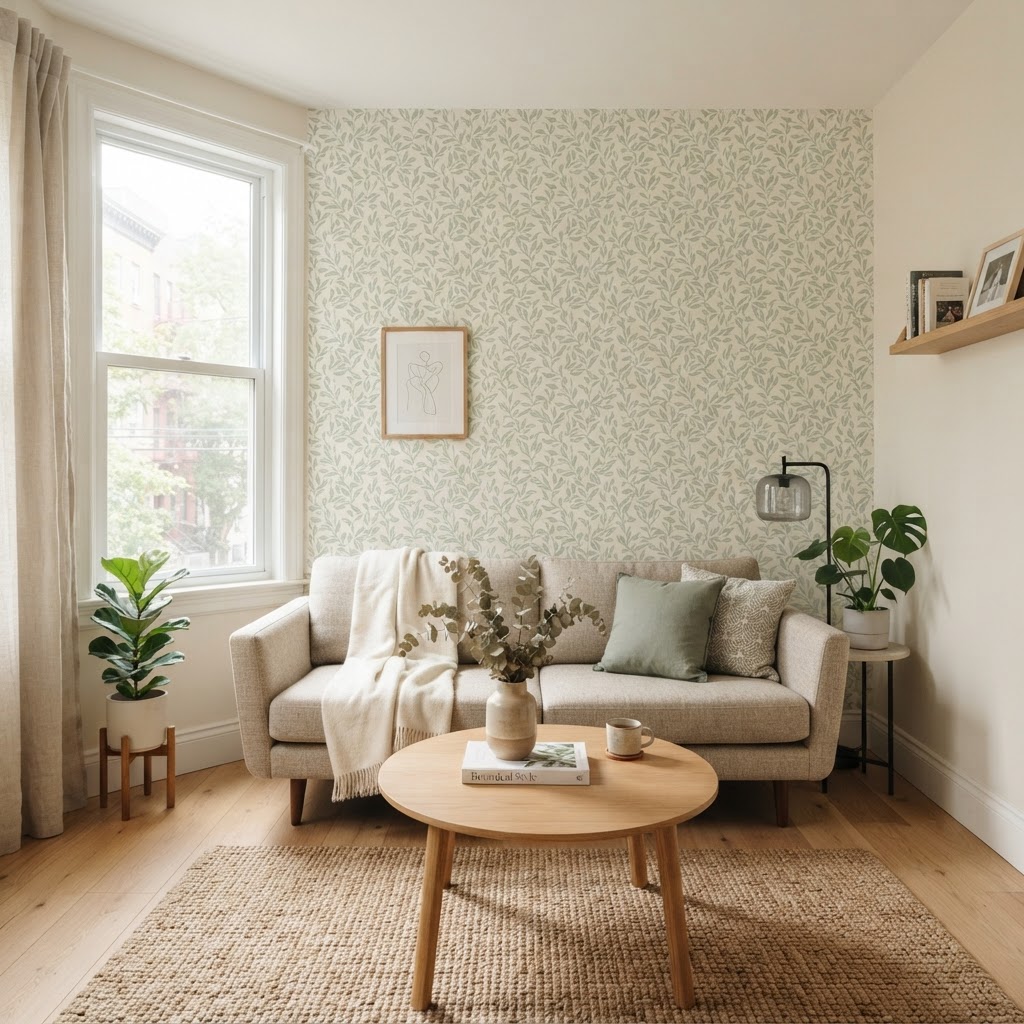 Botanical accents create an airy, garden-inspired feel in tight living quarters.