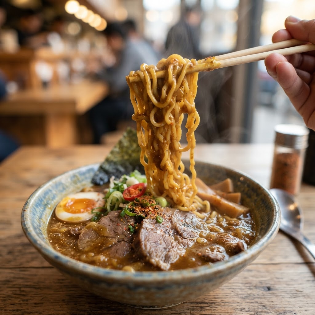 Enjoying the perfect bite of curry-infused ramen noodles and tender beef.
