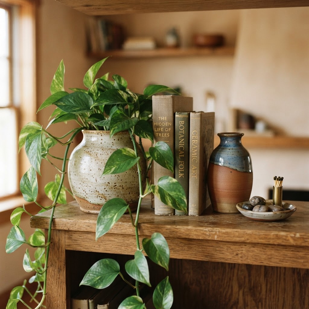 Curated shelf styling adds a professional, high-end feel.