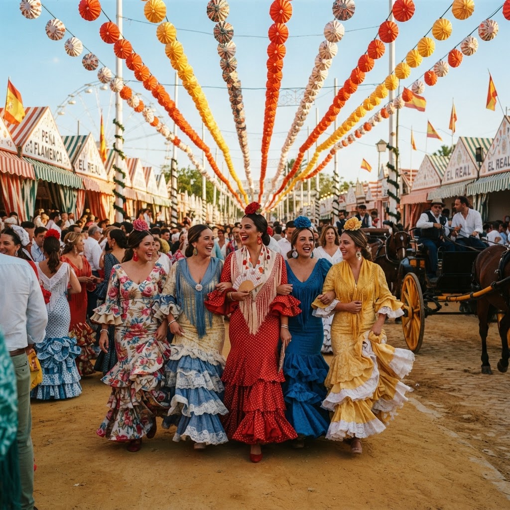 The vibrant atmosphere of the annual Feria de Abril festival.