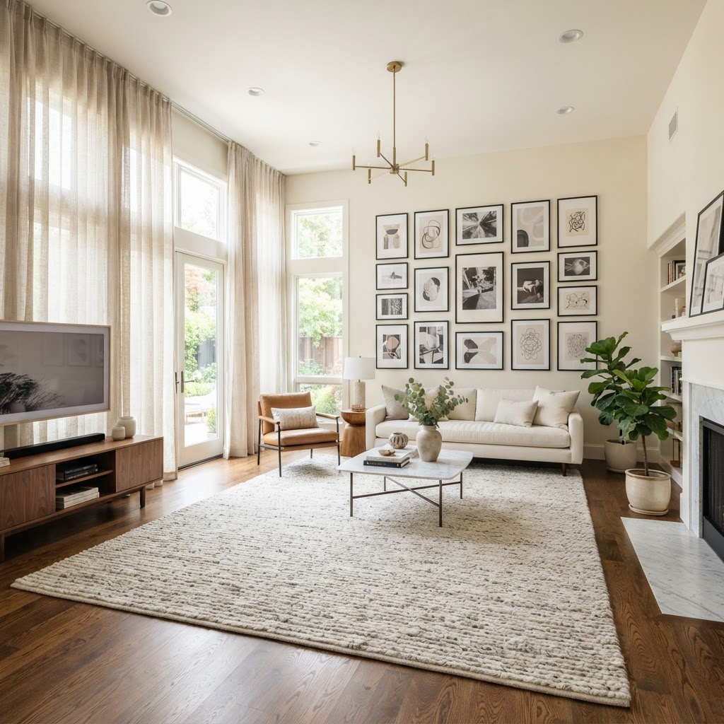 Floor-to-ceiling curtains and an oversized rug define this luxury rental space.