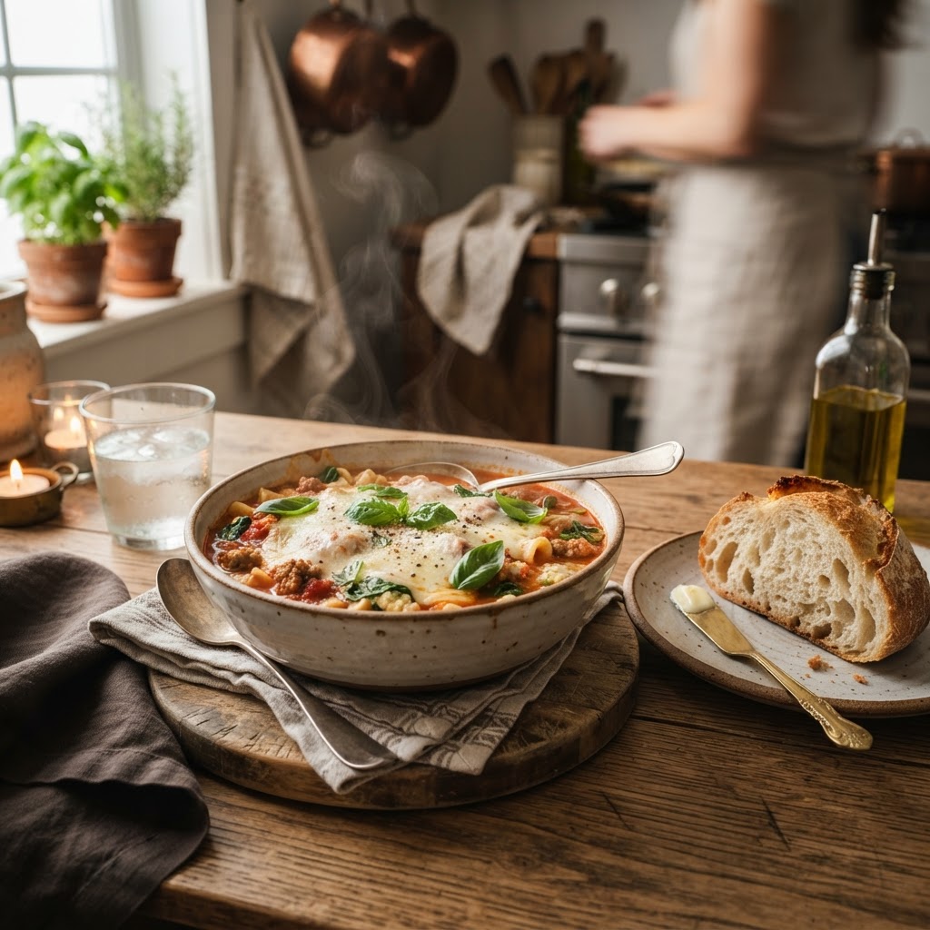 A hearty bowl of lasagna soup topped with fresh basil and mozzarella.