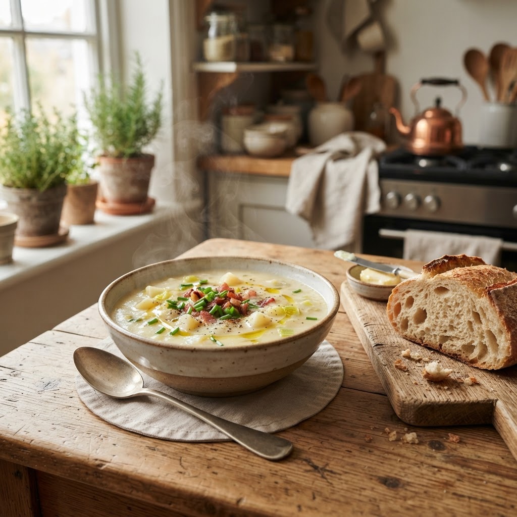 A cozy bowl of creamy slow cooker potato soup.