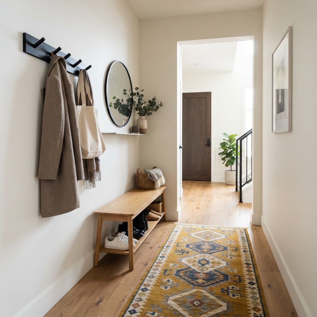 Minimalist furniture and a bold rug can define a small entry area perfectly.
