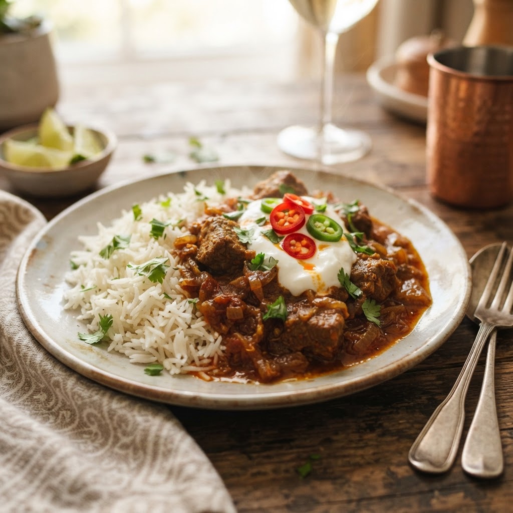 A perfect serving of tender lamb curry over basmati rice.