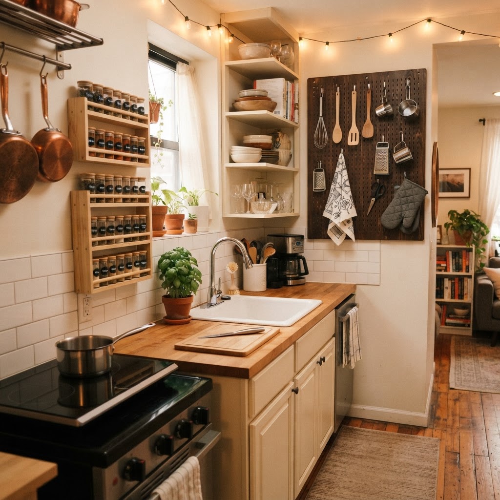Utilize wall space in the kitchen to keep your counters clear and functional.