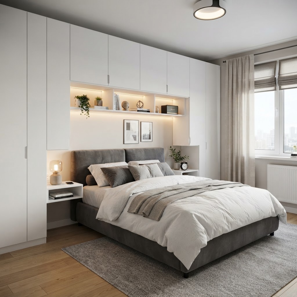 Bridge-style shelving frames the bed while providing convenient bedside storage.