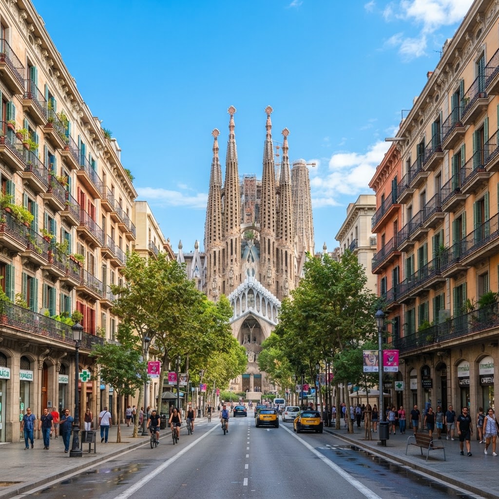 The grand, symmetrical boulevards of Eixample offer a sophisticated cinematic backdrop.