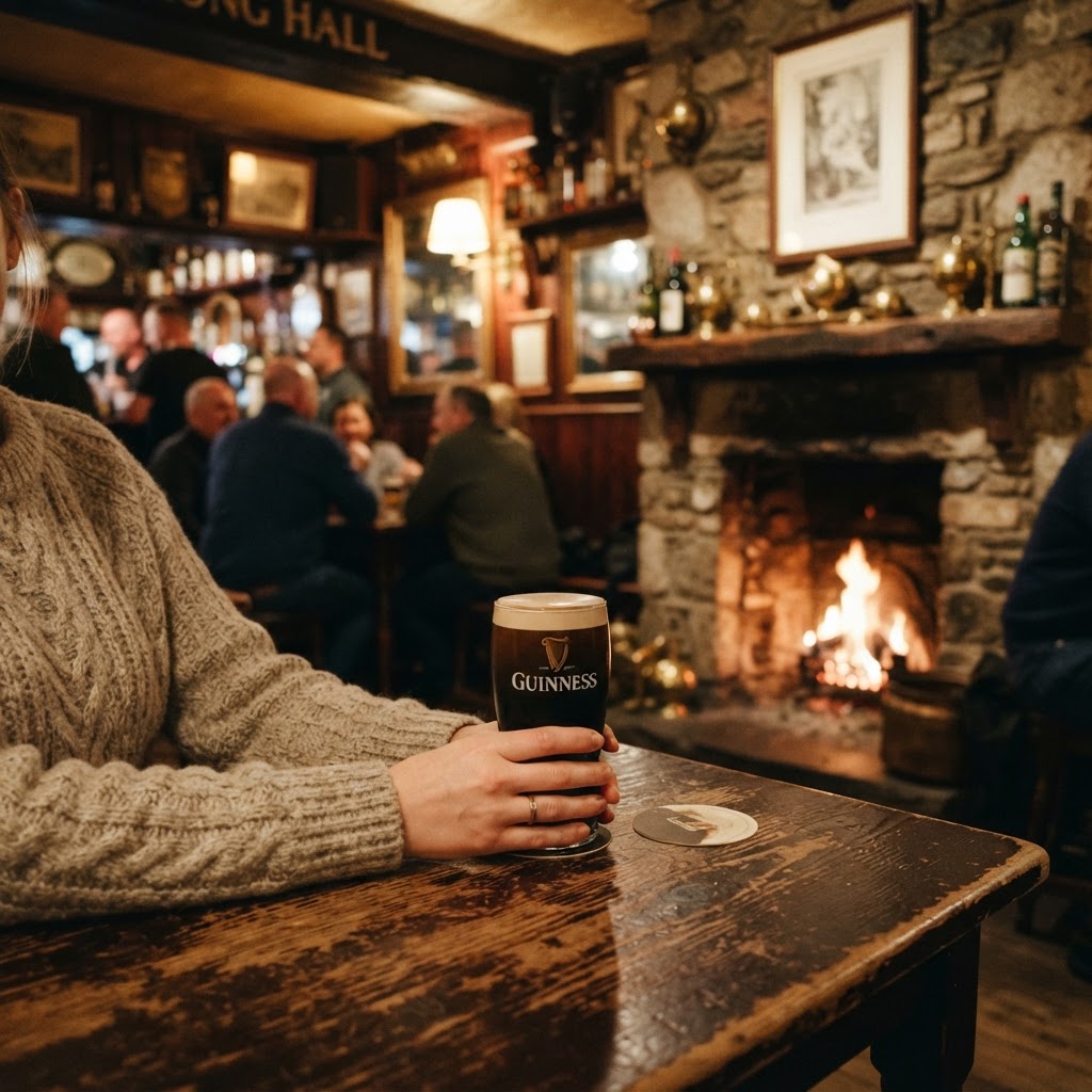The cozy aesthetic of a traditional Dublin pub calls for warm, textured knitwear.