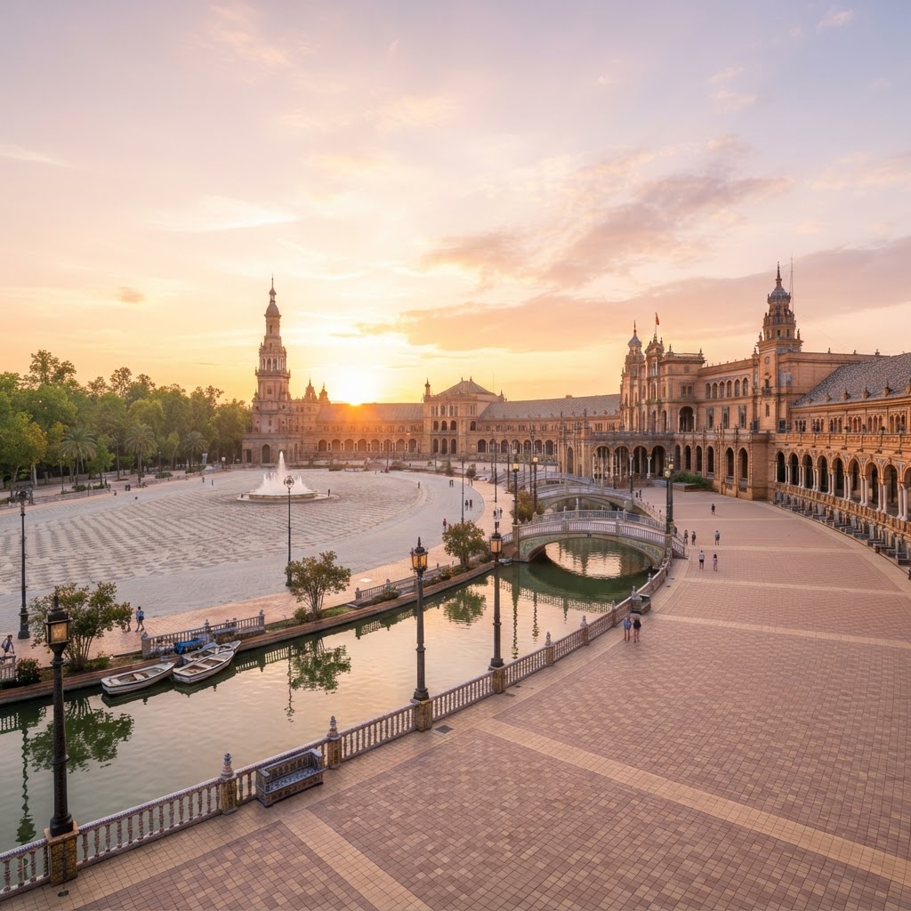 15 Best Photo Spots in Seville: A Guide 2 The iconic Plaza de Espana at golden hour.