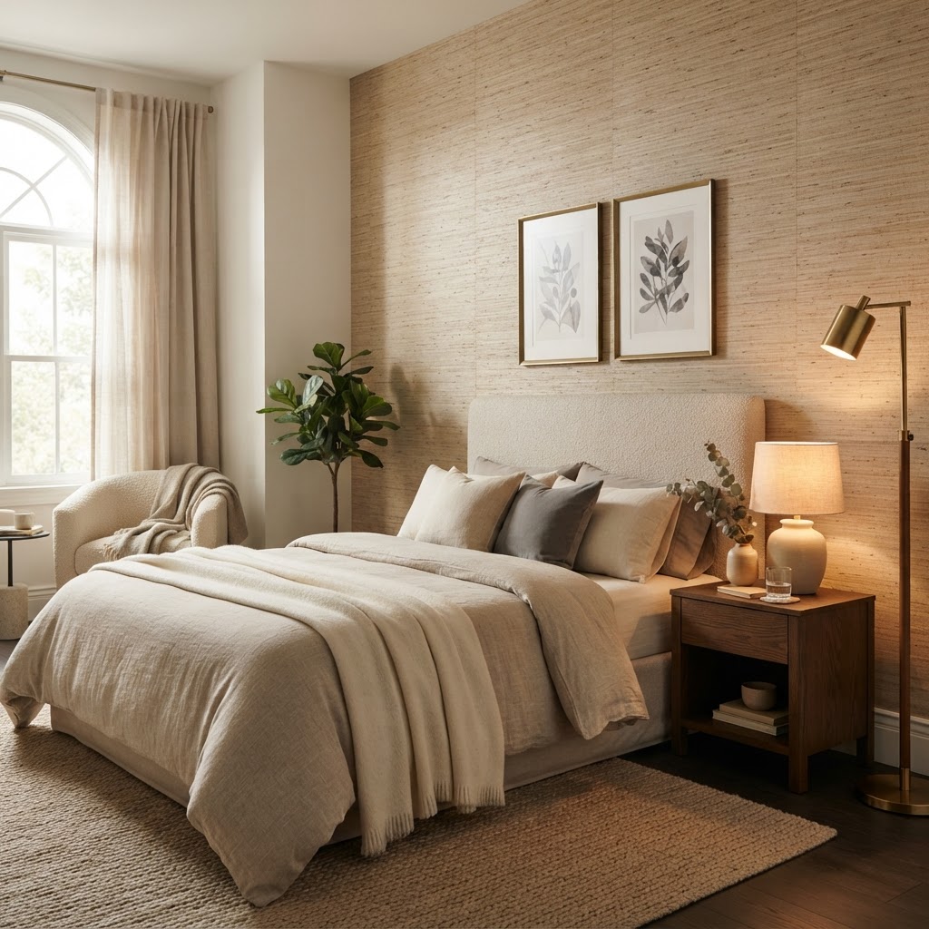 Textured wallpaper and warm lighting add depth and coziness to any small bedroom.
