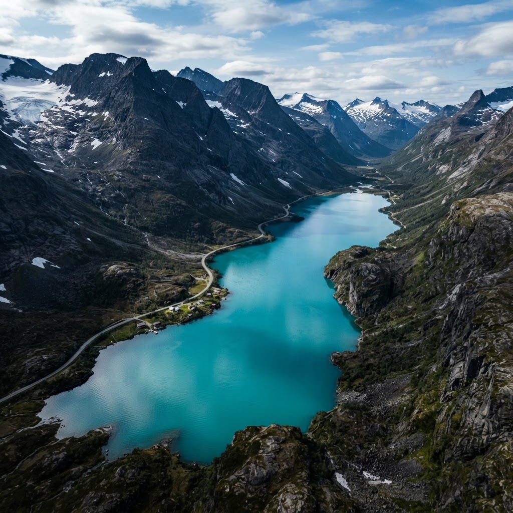 A bird's-eye view of the glacial basin hidden within the mountains.