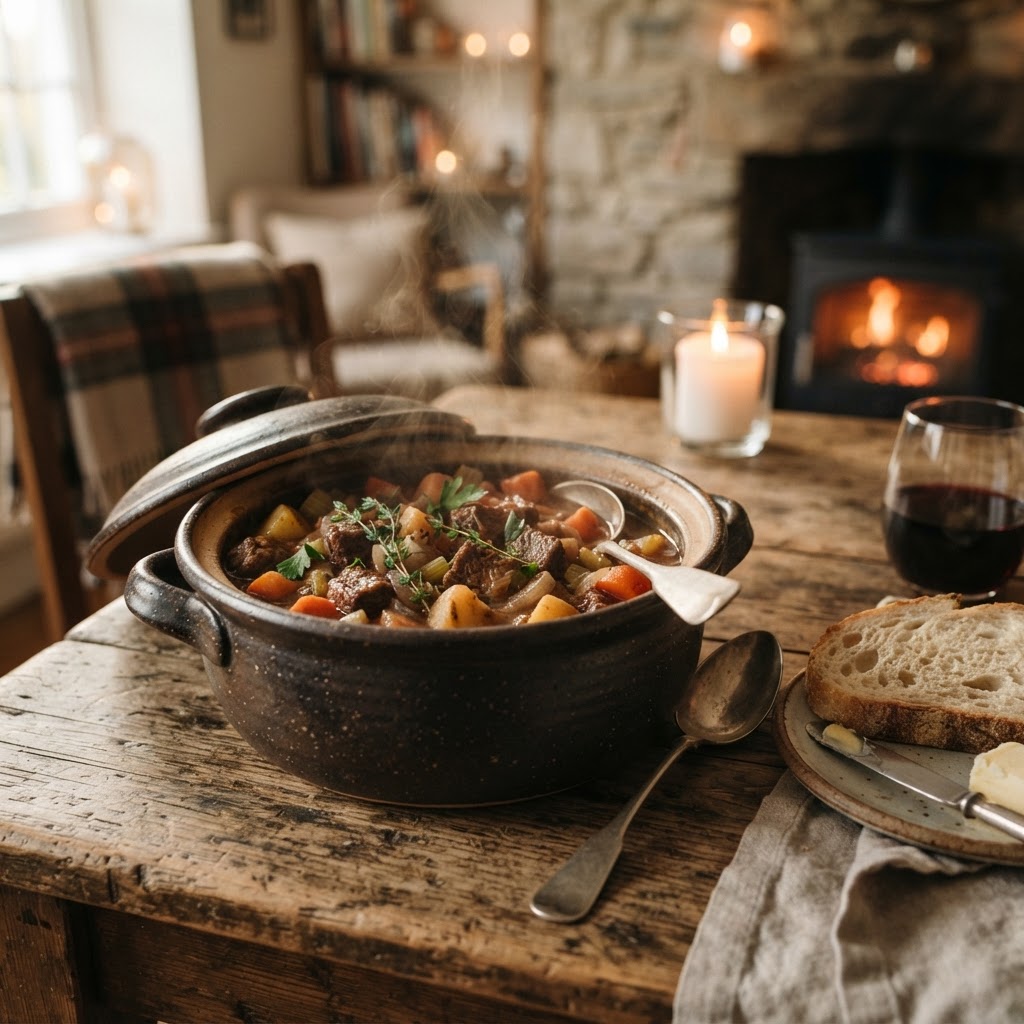 A warm and inviting bowl of slow cooker beef stew ready to serve.