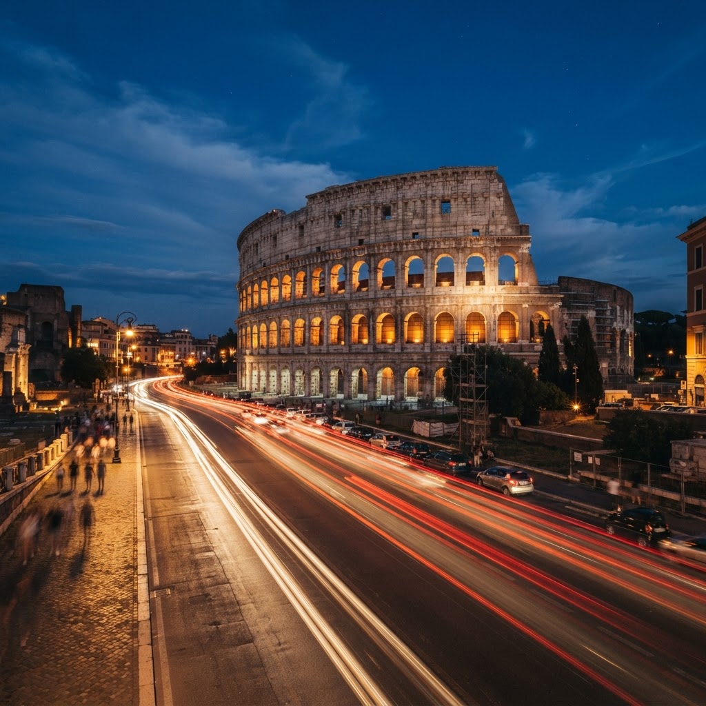 Light trails from Roman traffic pass by the ancient structure.