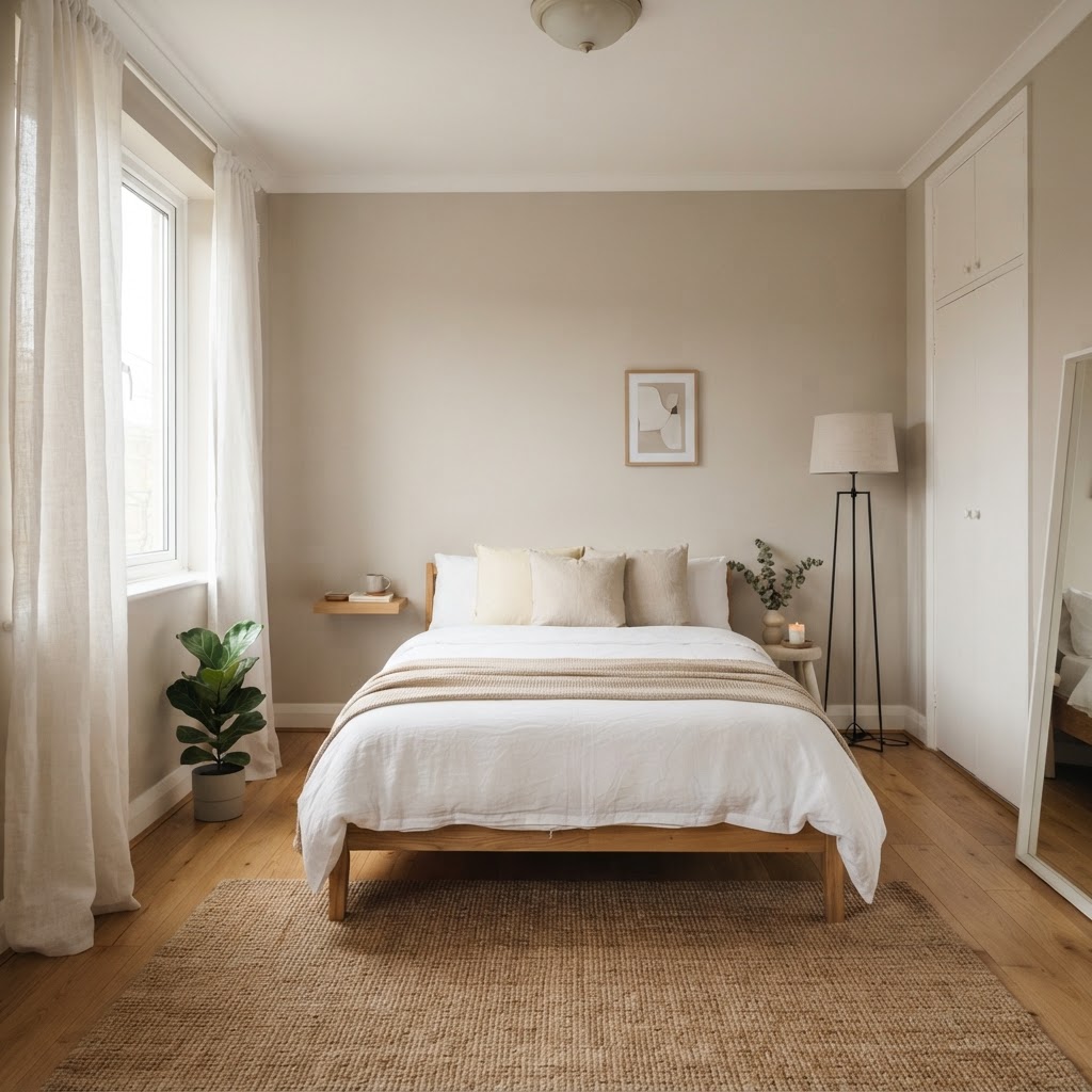 Proper lighting and a neutral palette make even small rooms feel spacious and cozy.