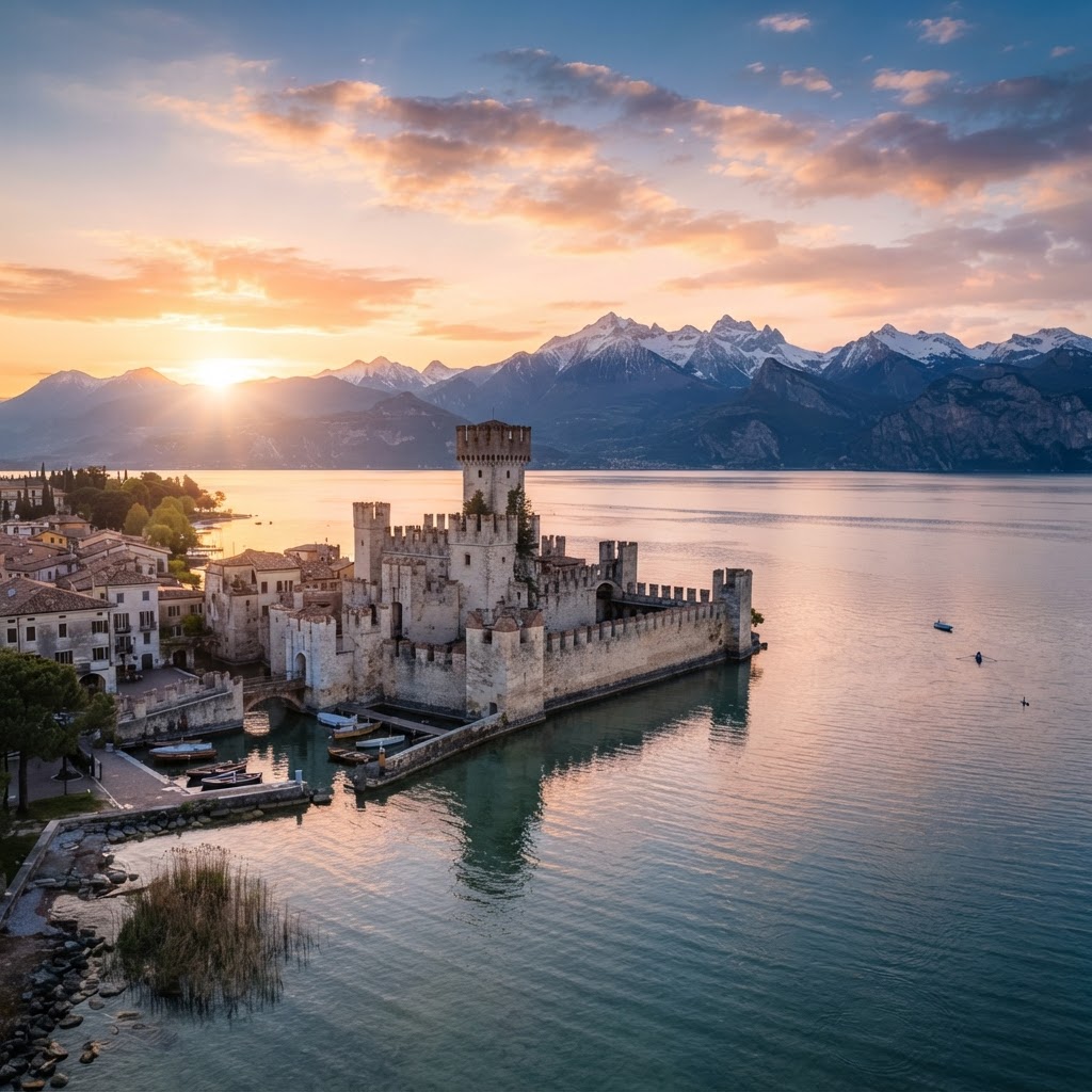 The iconic Scaligero Castle in Sirmione overlooking the morning waters of Lake Garda.