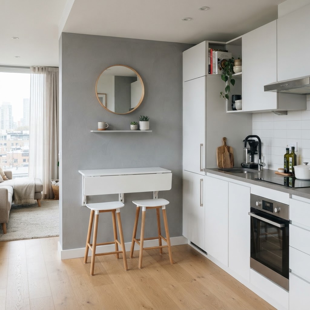 Wall-mounted tables save precious floor space in compact kitchens.