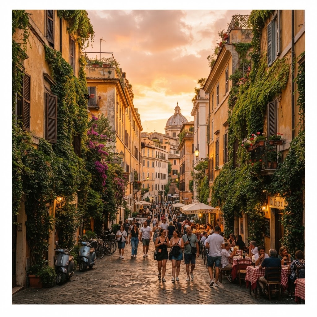 The golden hour in Trastevere perfectly captures the cinematic soul of Rome.