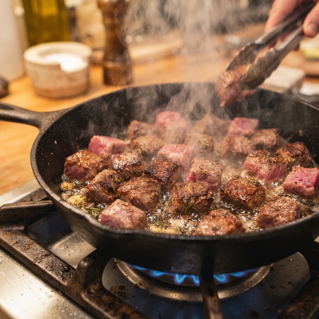 Searing beef cubes is the secret to a rich flavor profile.