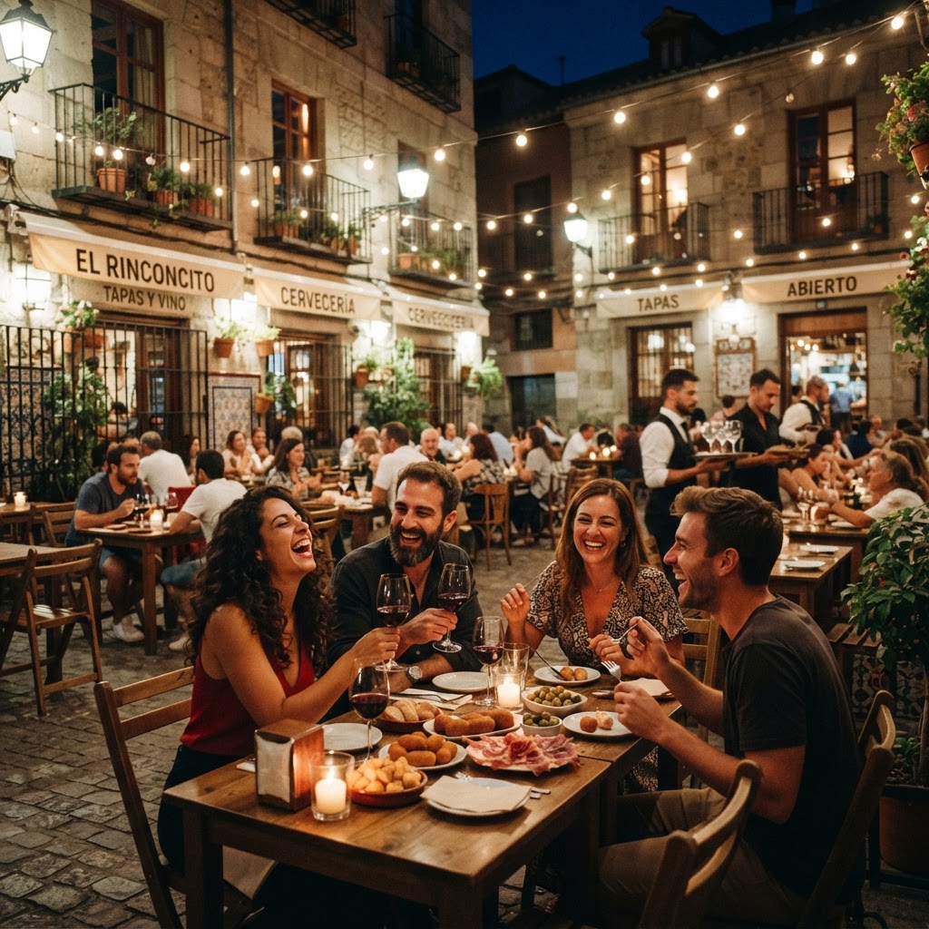 Spanish Summer Nights: Soft Lights and Warm Air Magic 2 Dining under the stars in a lively Spanish plaza.
