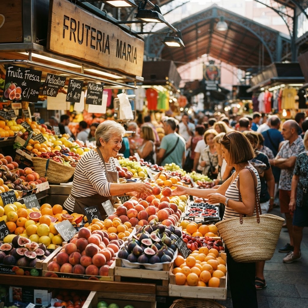 Vibrant displays of fresh fruit at a traditional Costa Brava market.
