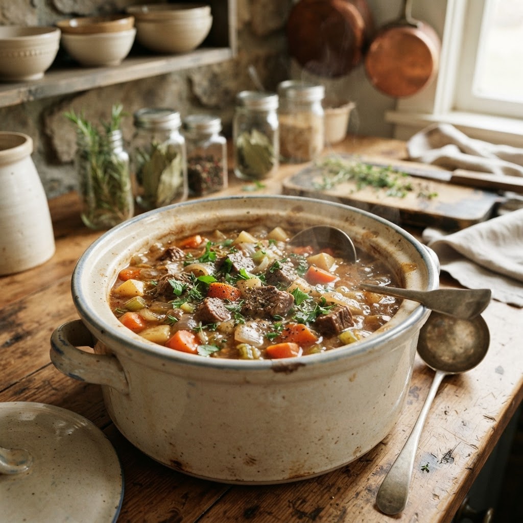Hearty, slow-cooked beef stew ready to serve.