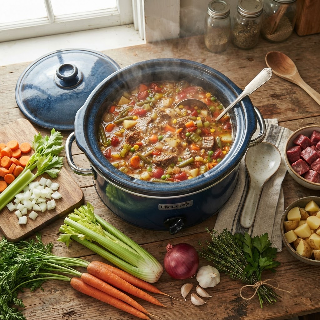 Hearty vegetable beef soup fresh from the slow cooker.