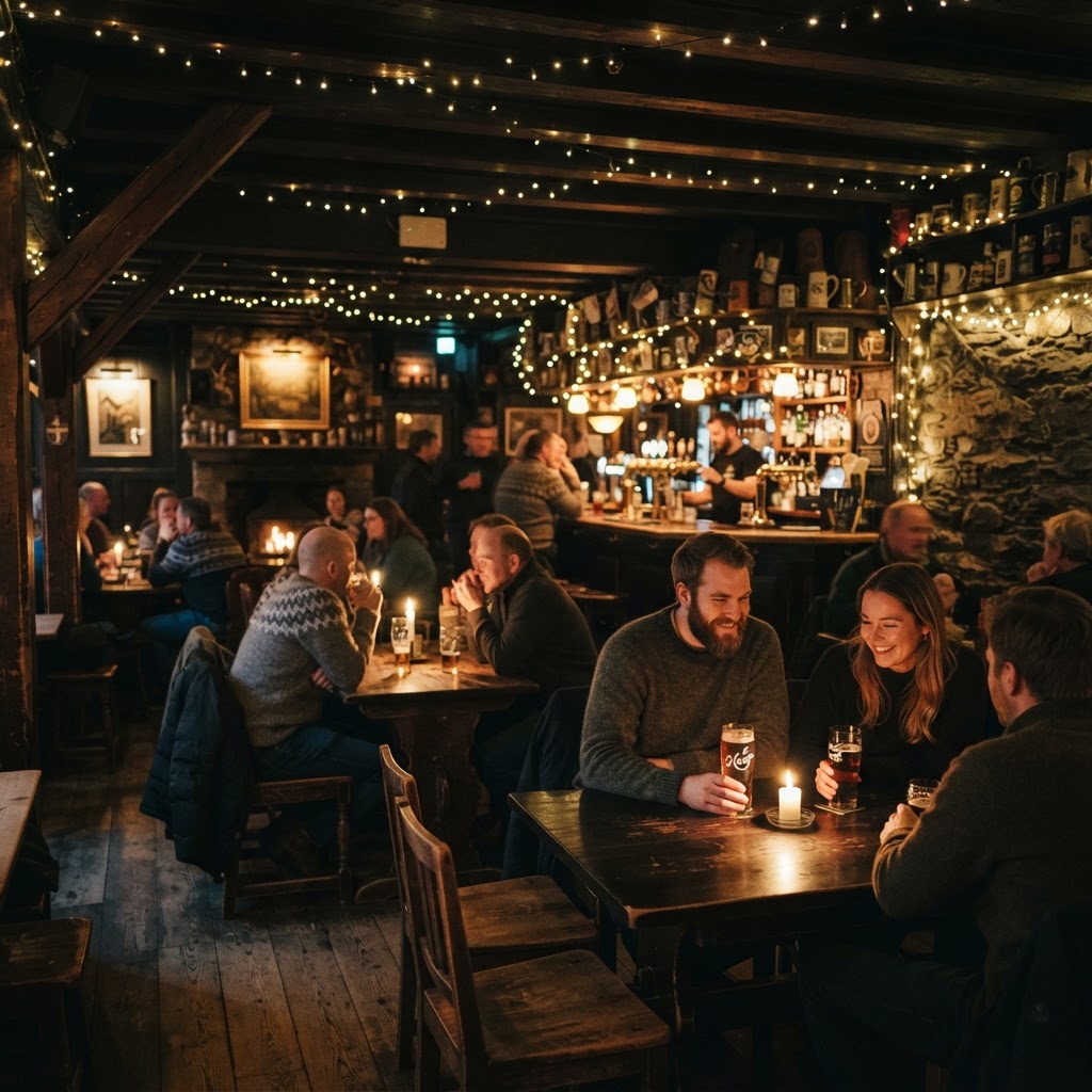 Experience the ultimate Norwegian 'kos' in a cozy local pub.
