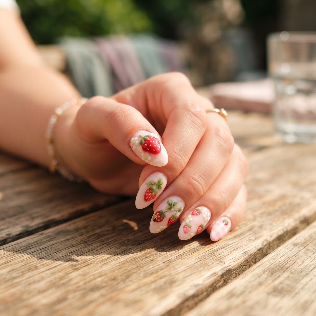 Cute strawberry pastel nails for a perfect summer look.