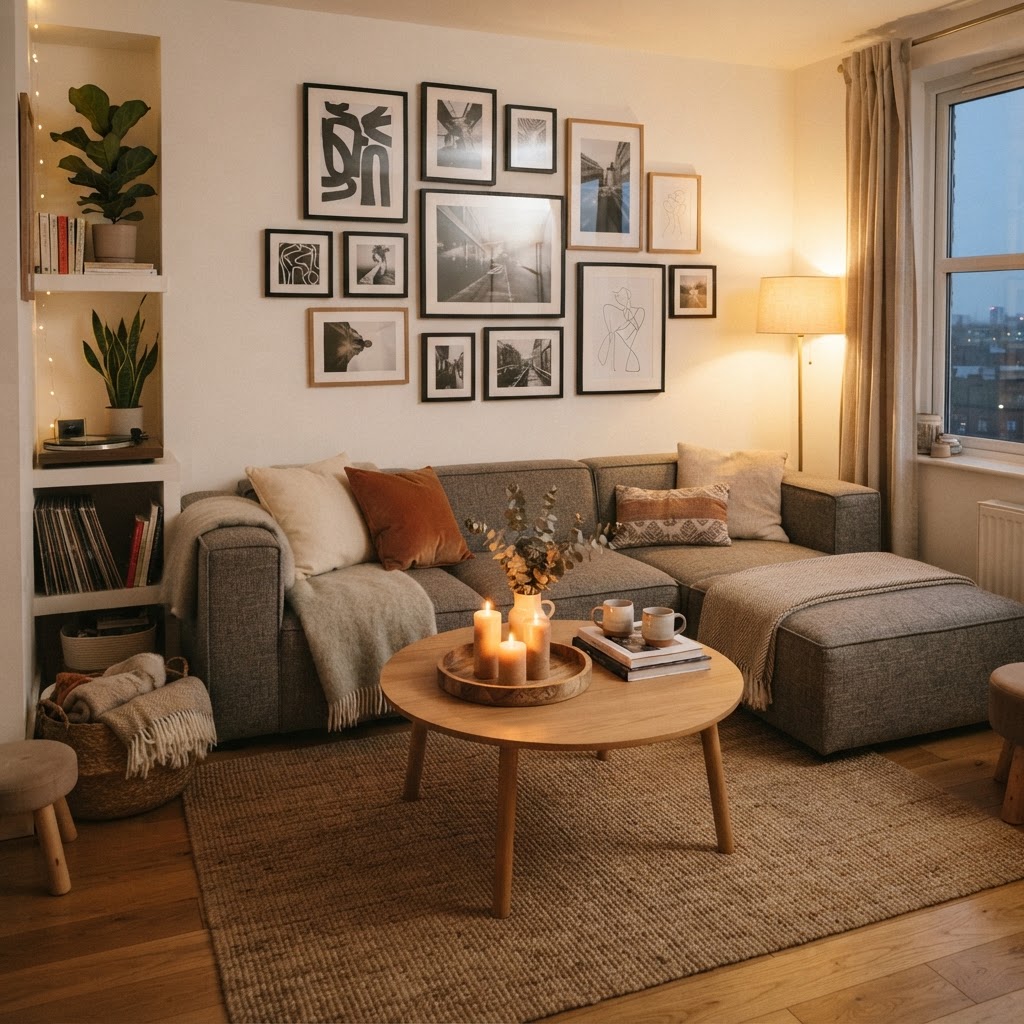 A gallery wall and modular furniture keep the space feeling organized and personal.