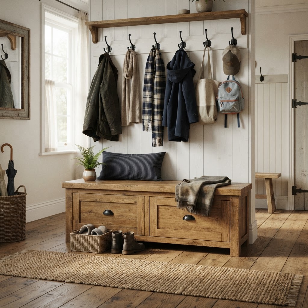 A cozy, rustic mudroom design featuring functional storage and classic farmhouse charm.