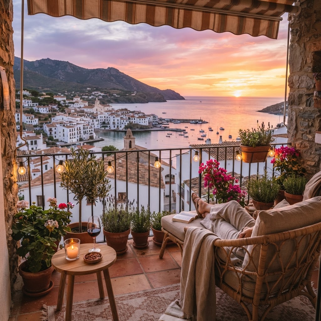 Maximize your small balcony with rattan furniture for a coastal feel.