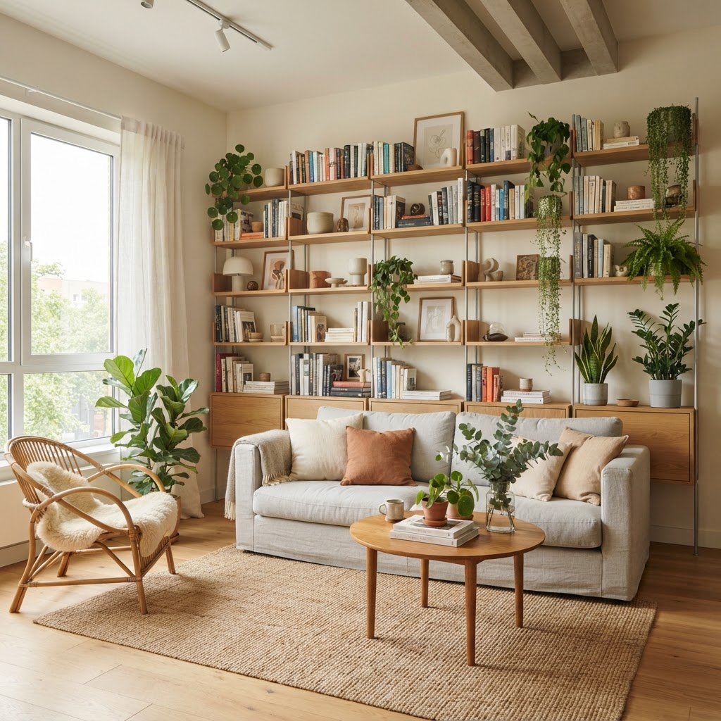 Utilize floor-to-ceiling bookshelves to maximize vertical storage in living areas.