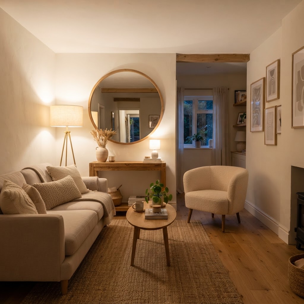 Use mirrors and strategic lighting to make a small living room feel larger.