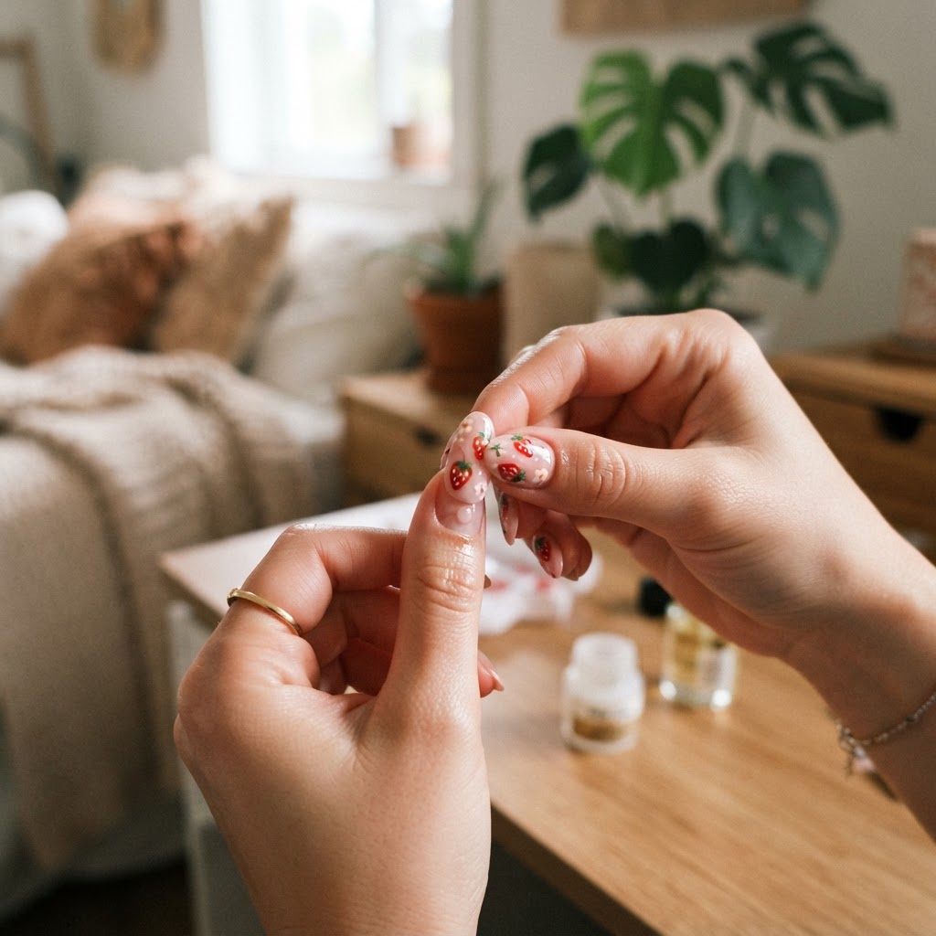 Applying strawberry-themed press-on nails for a kawaii look.