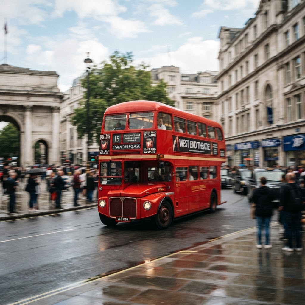 Capturing the energy of London by panning with a red double-decker bus.