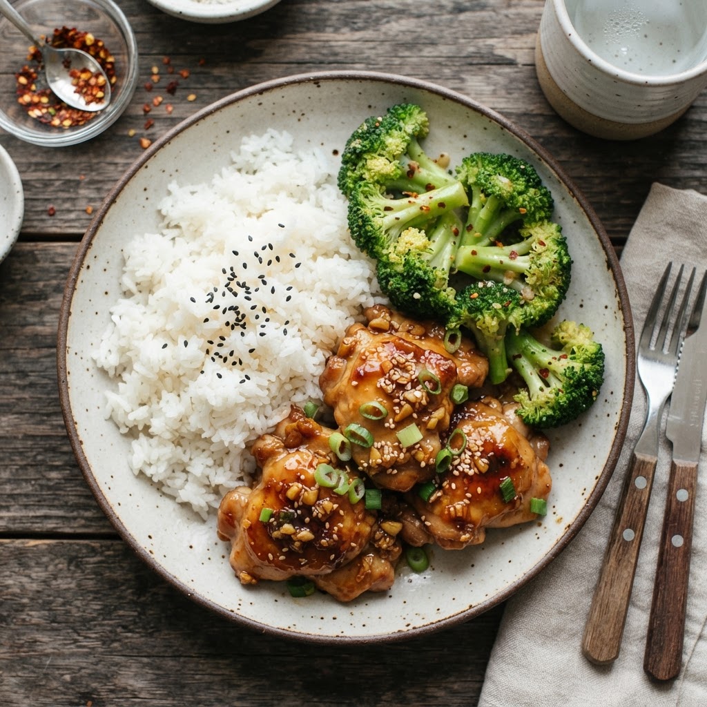 A healthy, balanced dinner plate featuring honey garlic chicken.