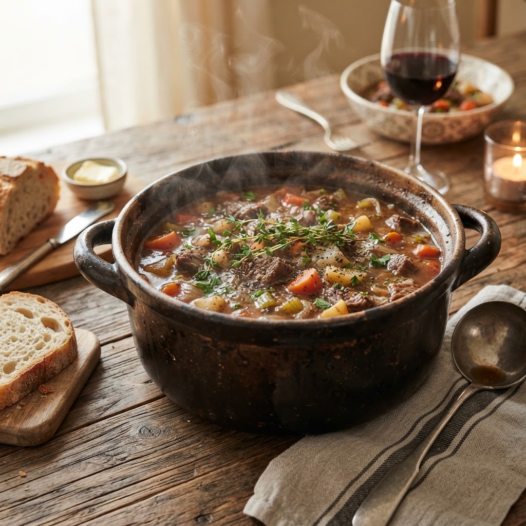 The perfect, thick consistency of a well-cooked beef stew.