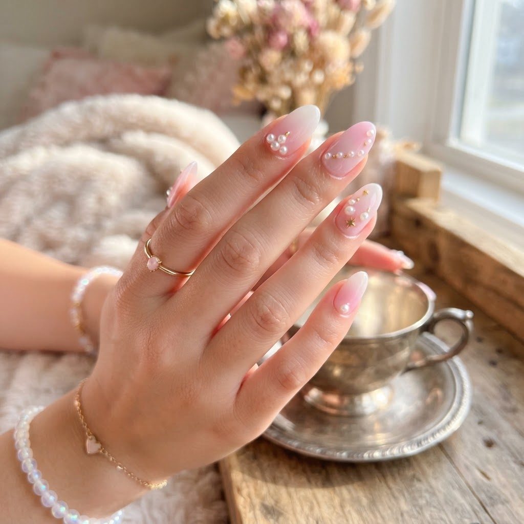 Soft girl aesthetic nails with delicate pearls.