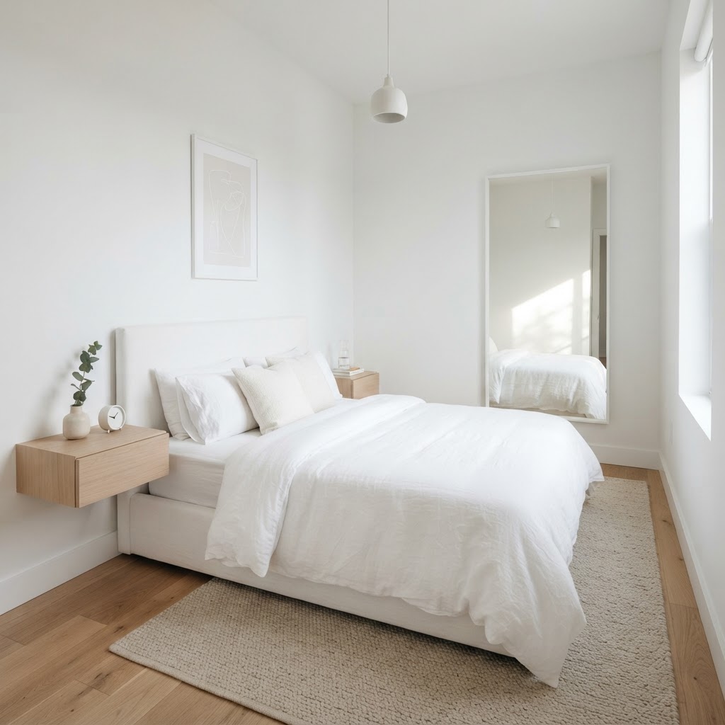Using a large mirror in a narrow room can help double the perceived light and space.