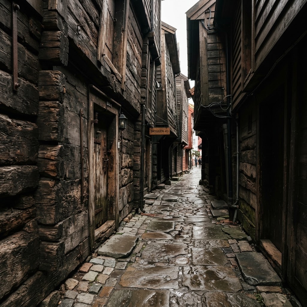 Walking through the narrow, historic alleyways of Bryggen.