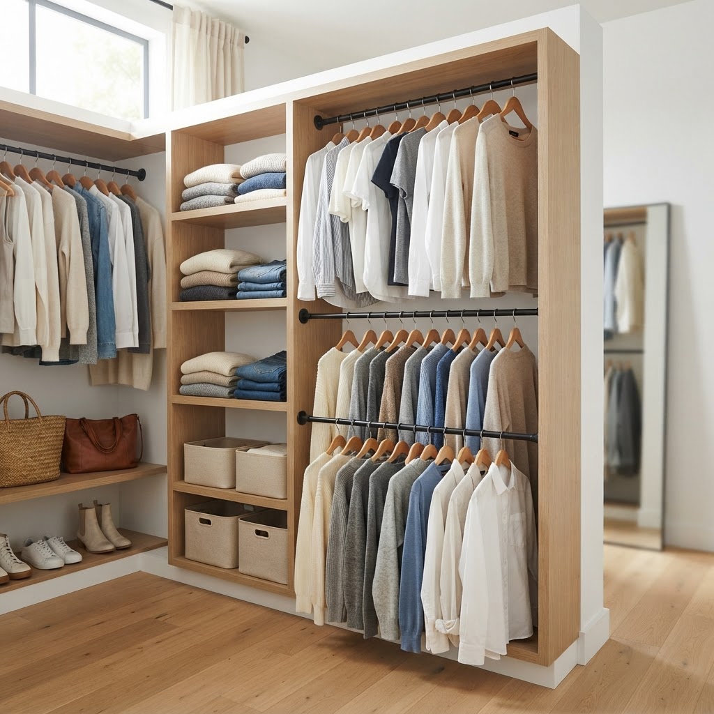 Maximize closet space by adding a secondary tension rod.