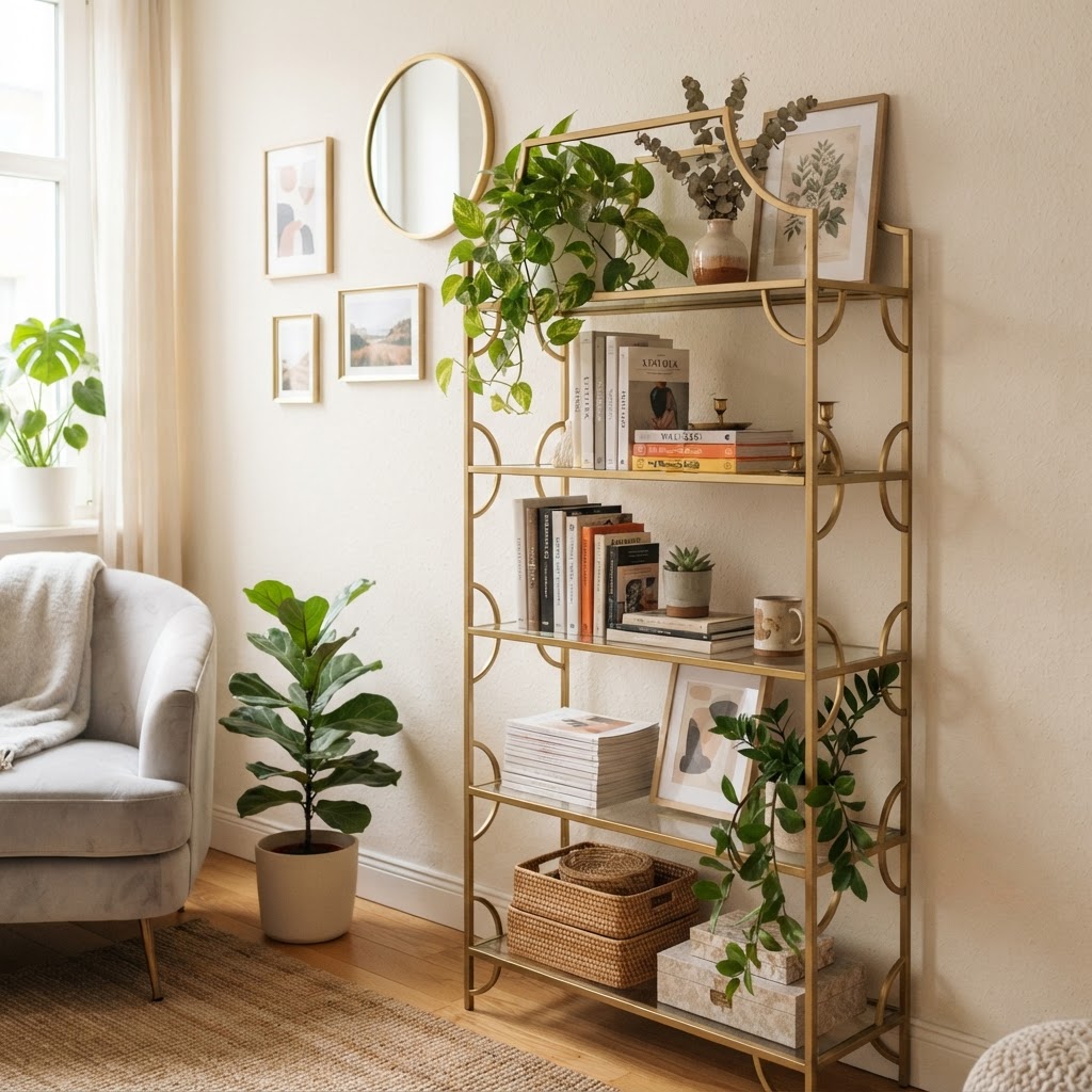 Maximizing vertical space with decorative open shelving.