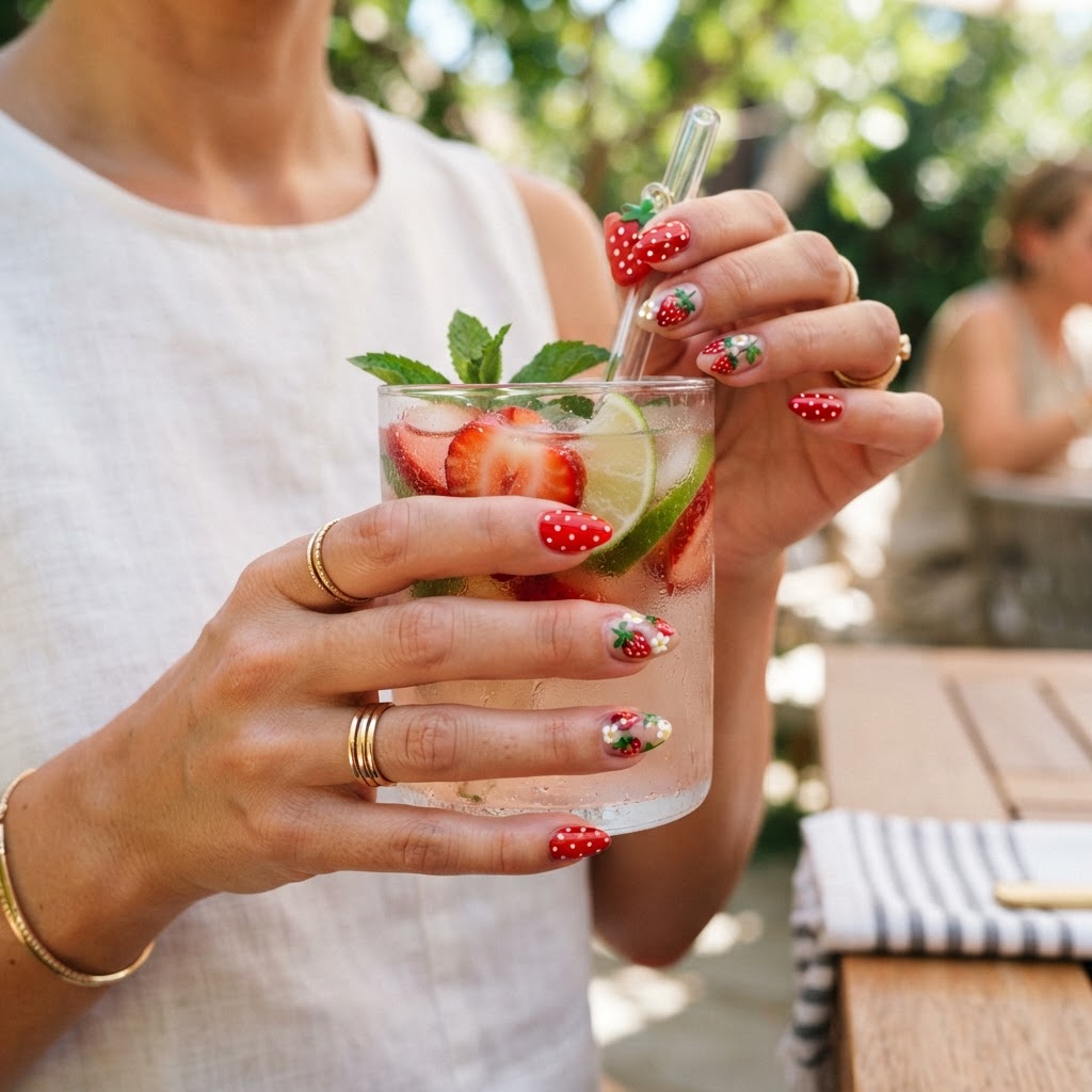 Cute strawberry press-on nails are the perfect summer accessory.