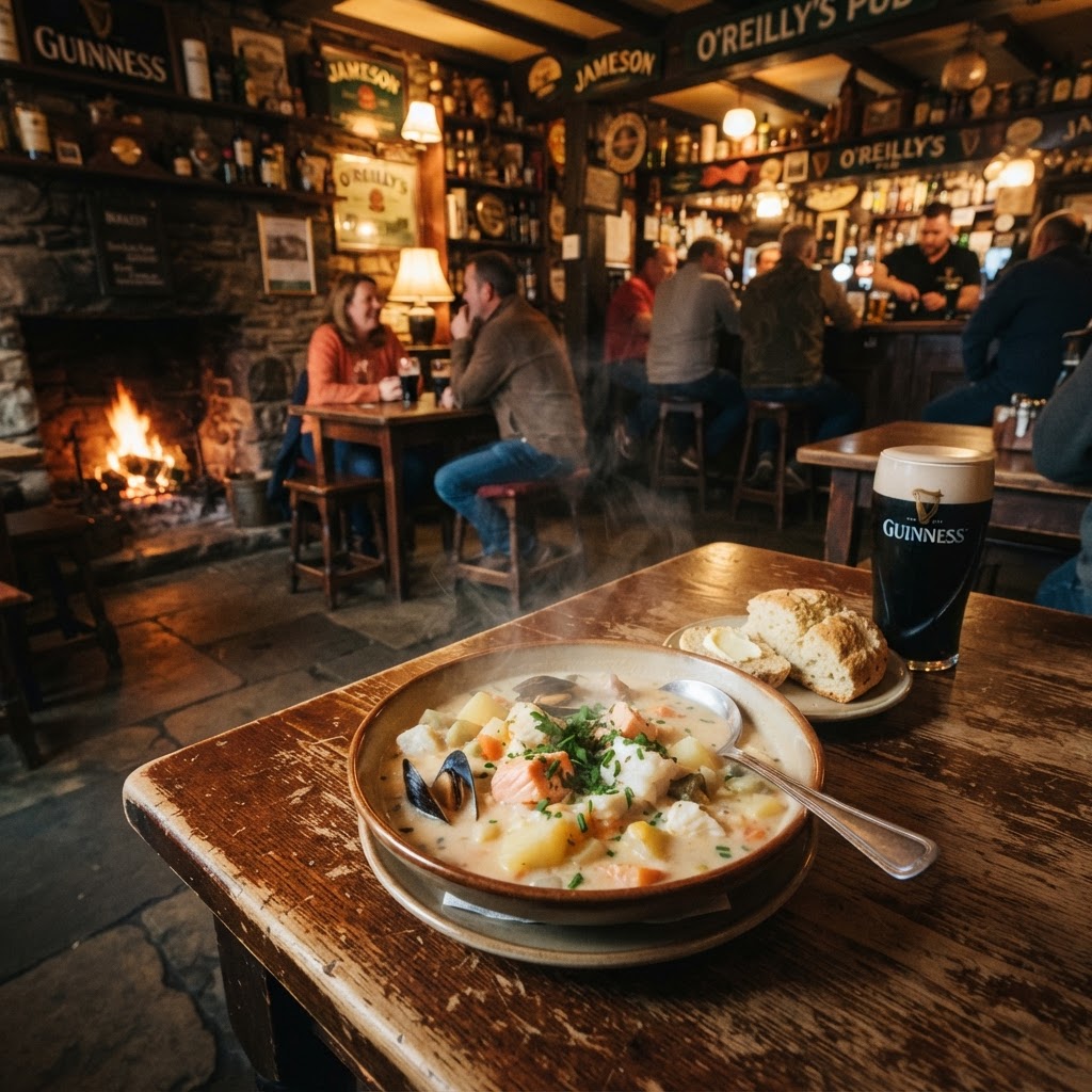 7-Day Ireland Itinerary for Foodies: A Culinary Road Trip 2 A quintessential bowl of creamy seafood chowder in a traditional West Coast pub.
